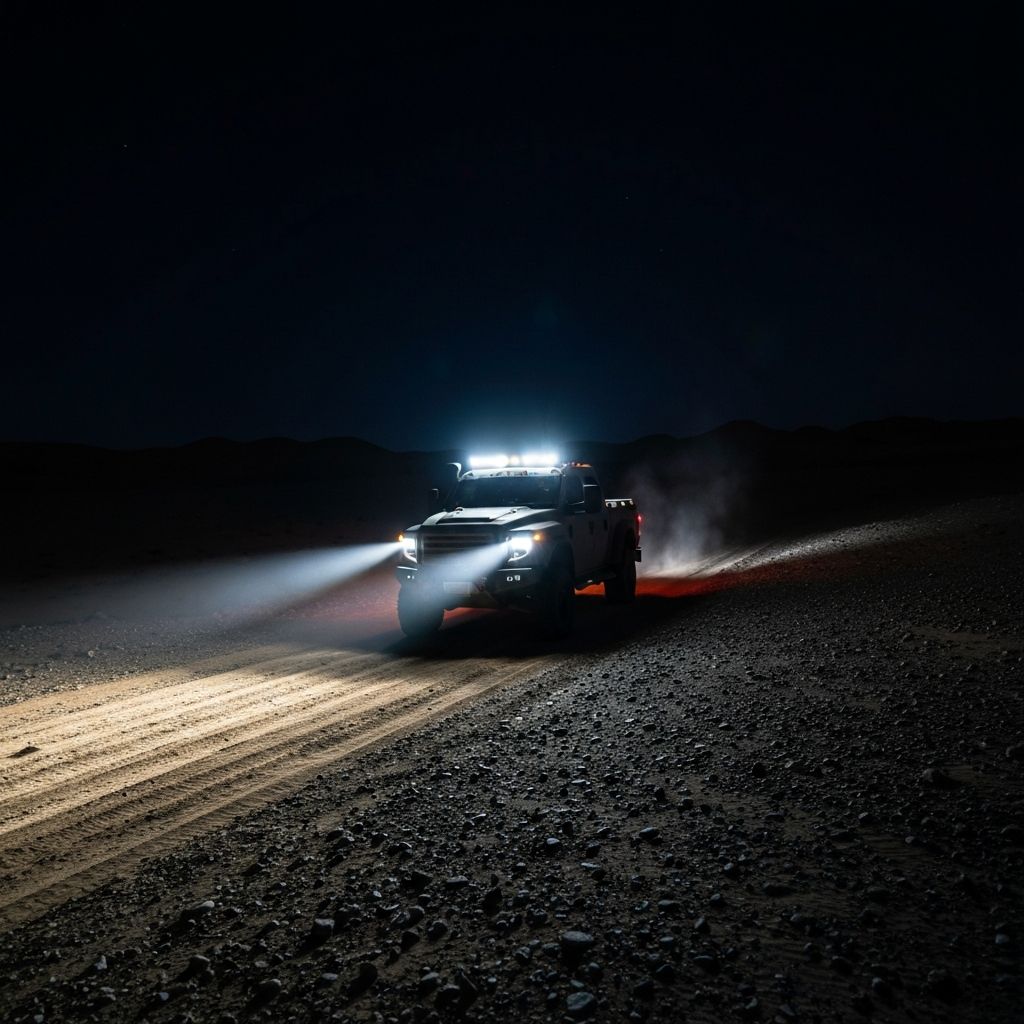 Off-road vehicle with LED lighting in desert at night